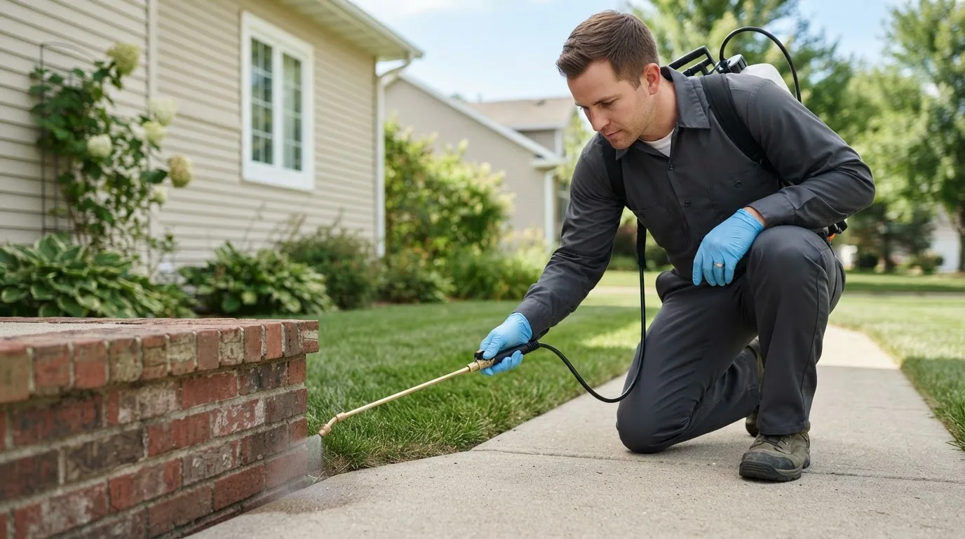 Pest control technician treating a home near Poland, ME